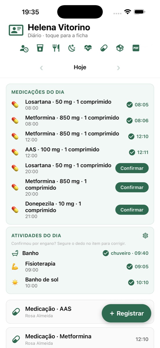 Tela inicial do app com o resumo do dia de cuidados