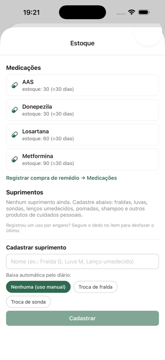 Tela de estoque de medicamentos com dias restantes